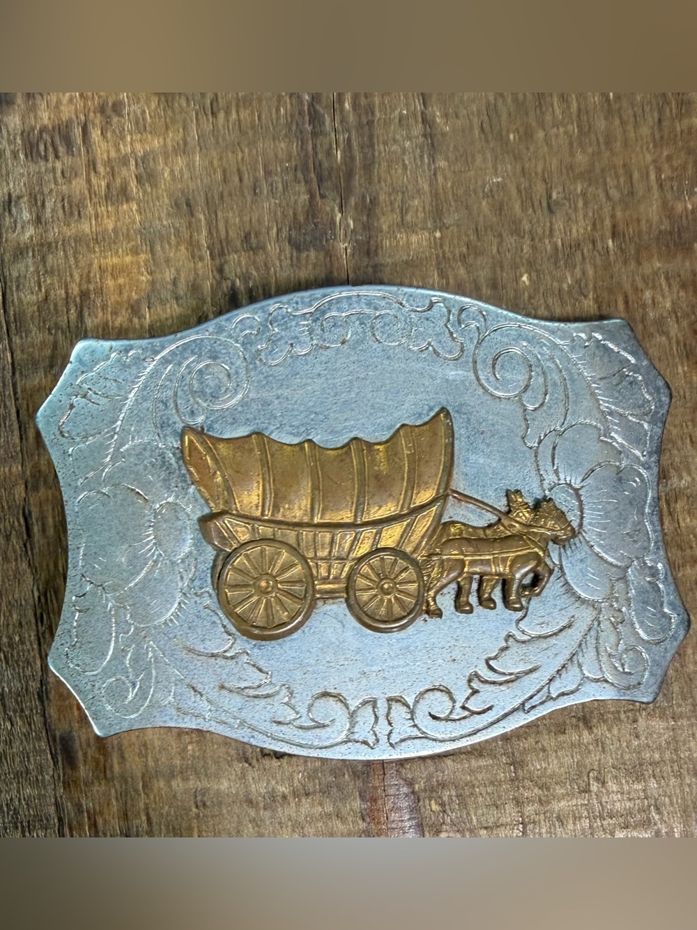 Decorative Covered Wagon Western Belt Buckle- Brass and Silver Tone